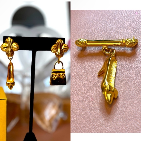 Fendi Jewelry - RARE Vintage Gold Fendi Shoe & Purse Earrings & BROOCH Set